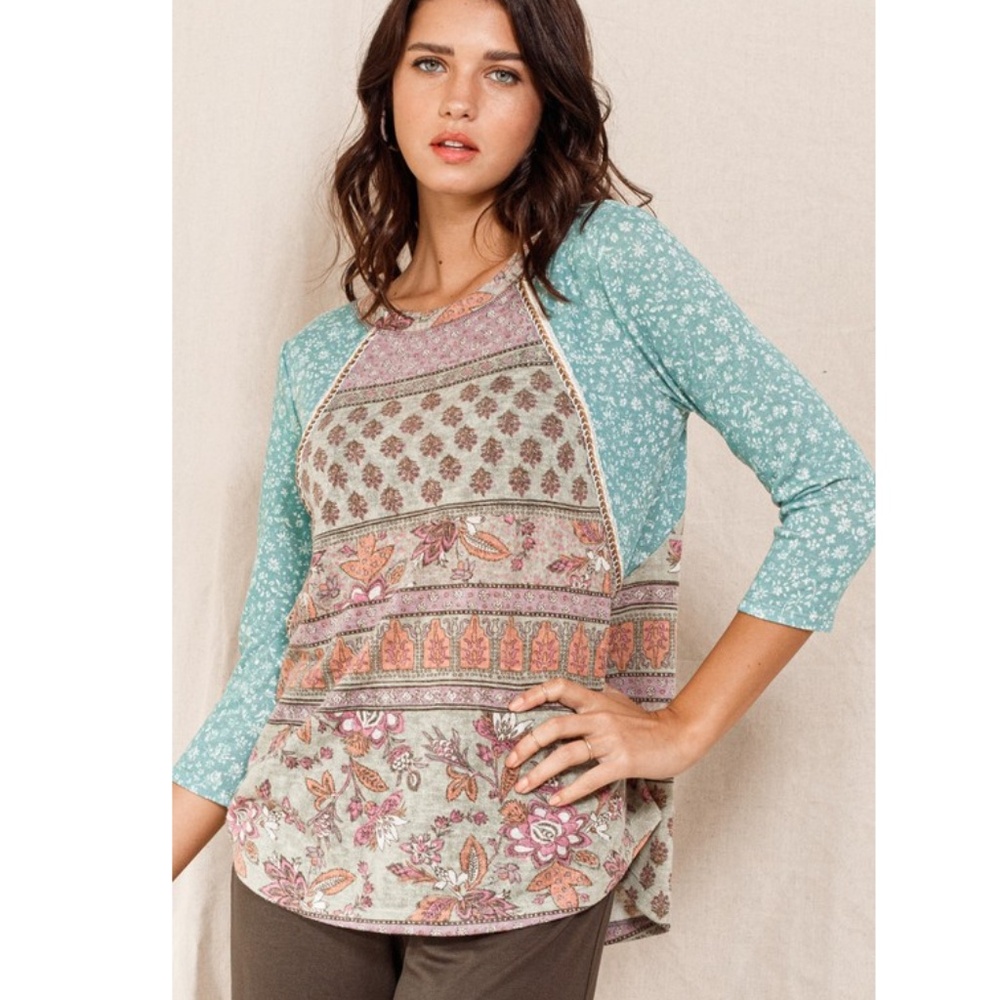 🌟 “The Jenny" 3/4 Sleeve Print Block Knit Top FIRM PRICE $20👈👇